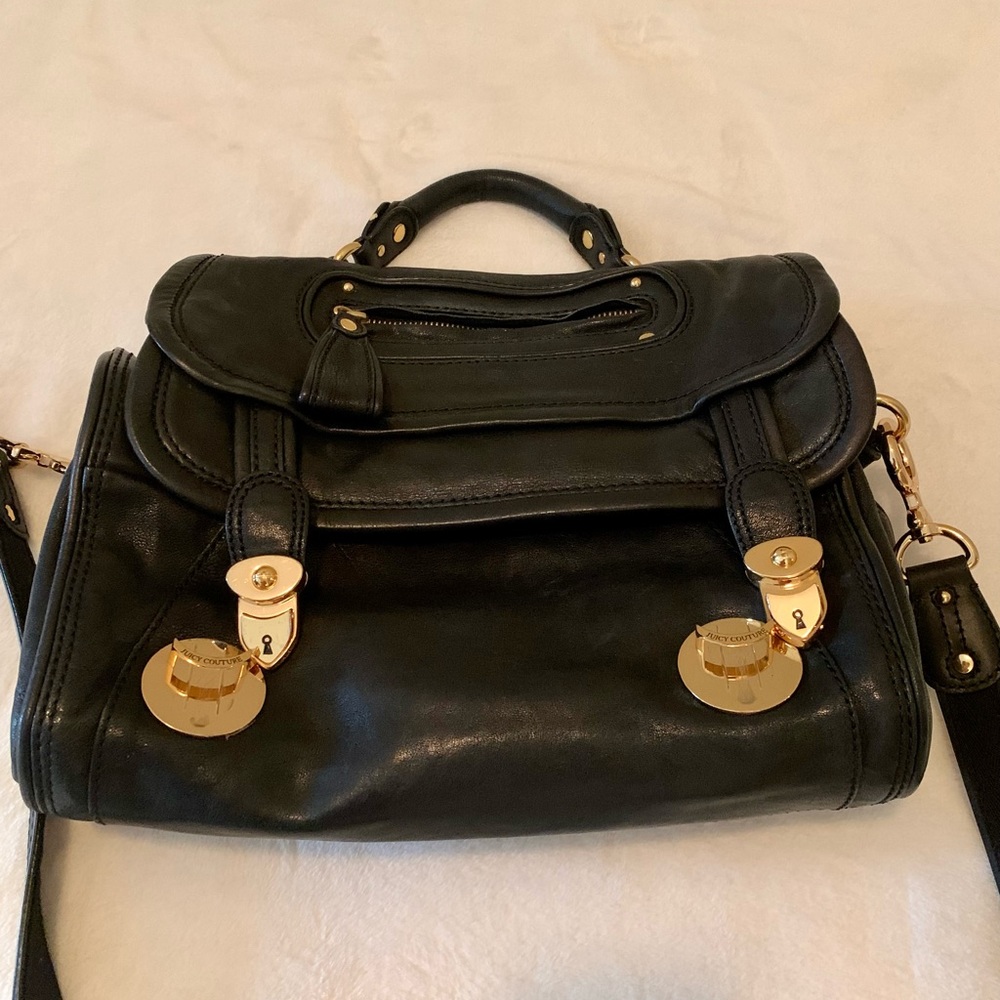 Juicy Couture Black gorgeous leather satchel crossbody handbag w/ gold hardware - Picture 9 of 16